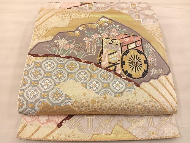 平和屋着物◎六通柄袋帯 唐織 扇面御所車花文 金糸 正絹 逸品 BAAT1502gt