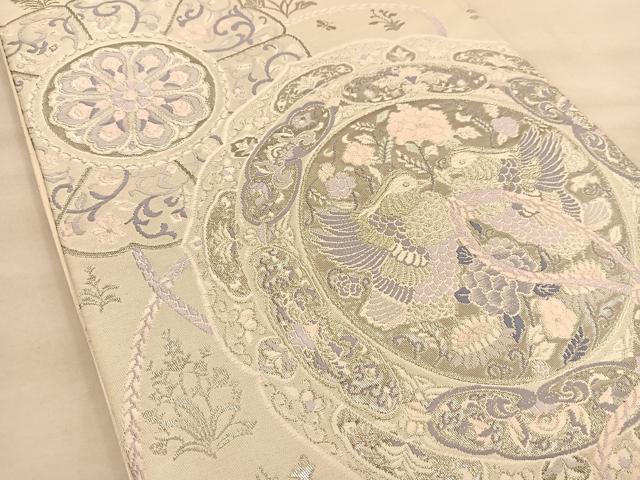 平和屋着物◎六通柄袋帯 唐織 鏡裏鴛鴦花文 銀糸 正絹 逸品 BAAT1517gt