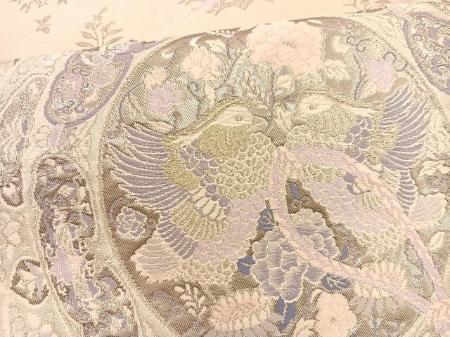 平和屋着物◎六通柄袋帯 唐織 鏡裏鴛鴦花文 銀糸 正絹 逸品 BAAT1517gt
