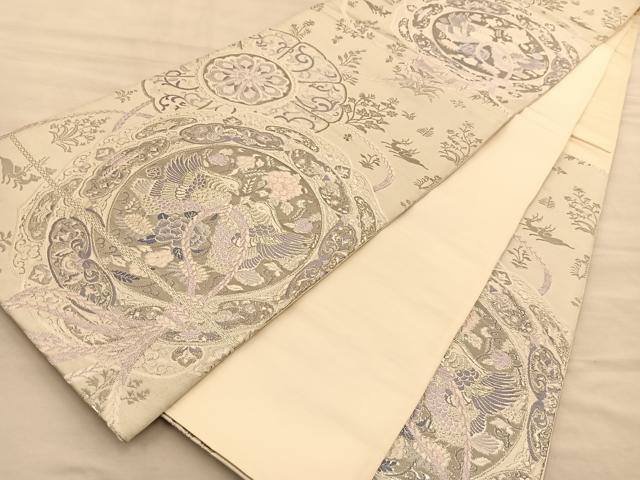平和屋着物◎六通柄袋帯 唐織 鏡裏鴛鴦花文 銀糸 正絹 逸品 BAAT1517gt