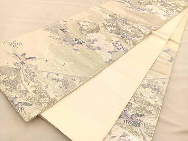 平和屋着物◎六通柄袋帯 唐織 尾長鳥花文 銀糸 正絹 逸品 BAAT1542gt