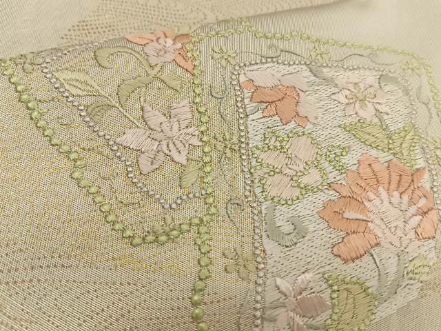 平和屋着物◎太鼓柄袋帯 総刺繍 更紗花文 金彩 引箔 正絹 逸品 BAAT1608xk