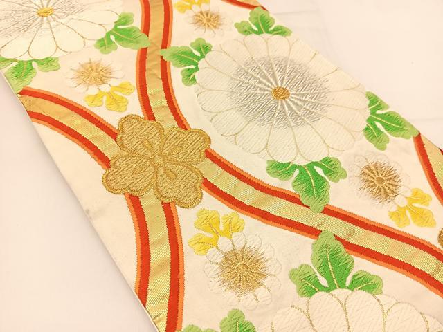 平和屋着物◎六通柄袋帯 唐織 縦枠菊花文 金銀糸 正絹 逸品 BAAT1798yc