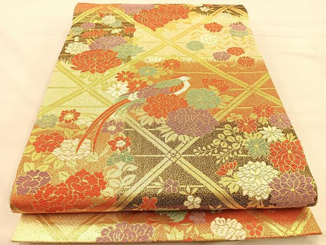 平和屋着物◎六通柄袋帯 唐織 尾長鳥花文 金糸 正絹 逸品 BAAT1801if