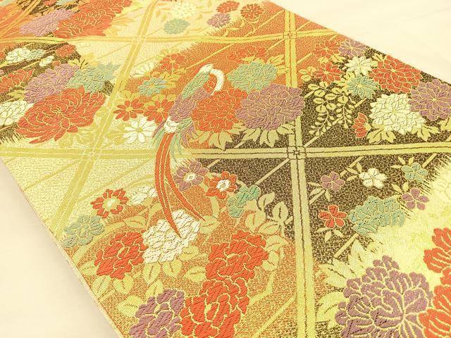 平和屋着物◎六通柄袋帯 唐織 尾長鳥花文 金糸 正絹 逸品 BAAT1801if