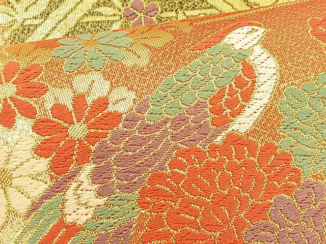 平和屋着物◎六通柄袋帯 唐織 尾長鳥花文 金糸 正絹 逸品 BAAT1801if