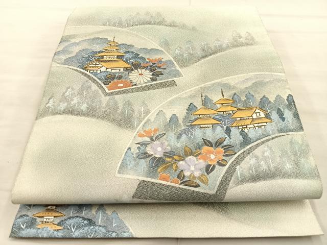 平和屋着物◎六通柄袋帯 作家物 綴れ 地紙風景文 銀彩 正絹 逸品 BAAT1823if