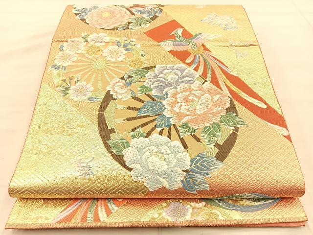 平和屋着物◎六通柄袋帯 唐織 鳳凰源氏車花文 金糸 正絹 逸品 BAAT1826if