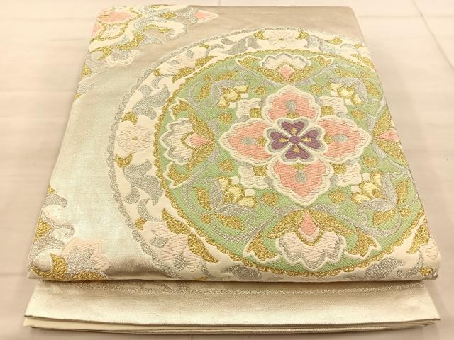 平和屋着物◎六通柄袋帯 唐織 花絵皿 金銀糸 正絹 逸品 BAAT1848if