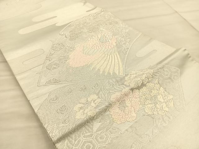 平和屋着物◎六通柄袋帯 唐織 地紙孔雀文 銀糸 引箔 正絹 逸品 BAAT1853if