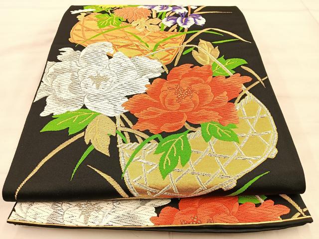 平和屋着物◎六通柄袋帯 唐織 花籠 黒地 金銀糸 正絹 逸品 BAAT1899if
