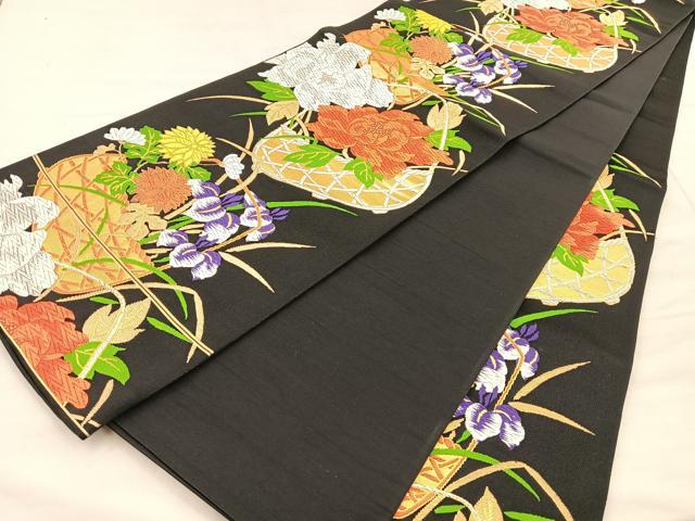 平和屋着物◎六通柄袋帯 唐織 花籠 黒地 金銀糸 正絹 逸品 BAAT1899if
