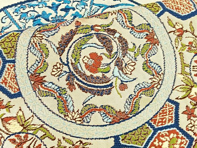 平和屋着物◎六通柄袋帯 唐織 花絵皿 金糸 正絹 逸品 BAAT1963if