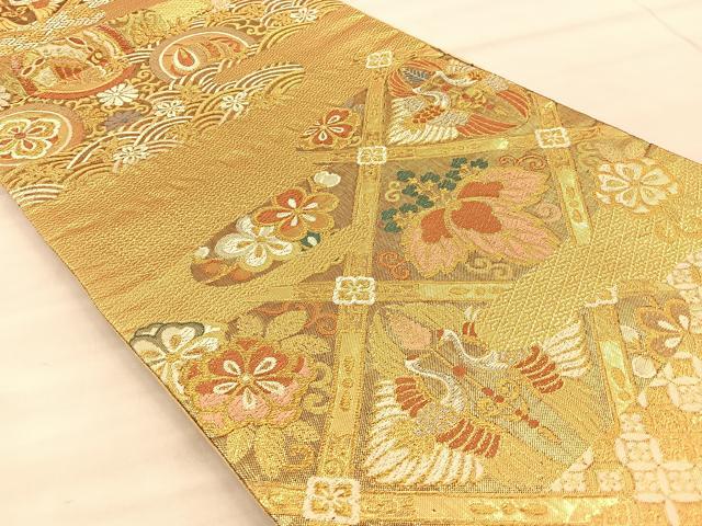 平和屋着物◎六通柄袋帯 菱天井向かい鶴花文 金銀糸 正絹 逸品 BAAT1972if