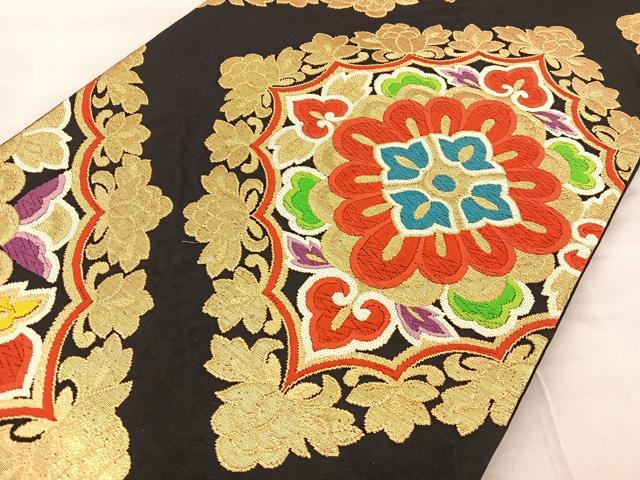 平和屋着物◎六通柄袋帯 唐織 花菱文 黒地 金糸 正絹 逸品 BAAT2018ph