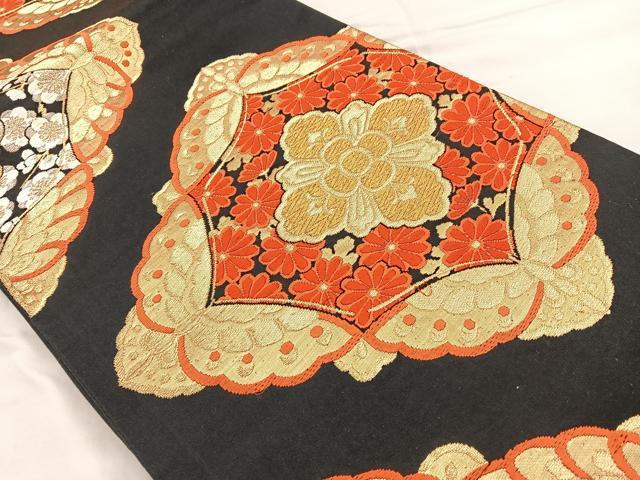 平和屋着物◎六通柄袋帯 唐織 花蝶文 黒地 金銀糸 正絹 逸品 BAAT2071ph