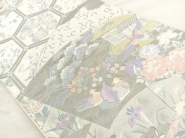 平和屋着物◎六通柄袋帯 唐織 扇面花鳥文 プラチナ箔 正絹 逸品 BAAT2153ph