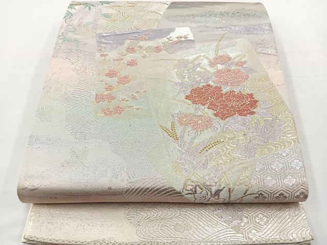 平和屋着物◎六通柄袋帯 色紙重ね花鳥文 金糸 正絹 逸品 BAAT2691ea