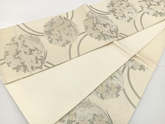 平和屋着物◎六通柄袋帯 草花丸文 プラチナ箔 九百緞子 正絹 逸品 BAAT2742ea