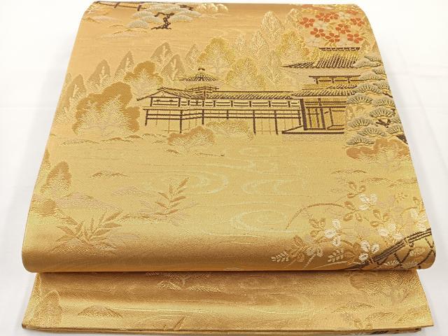 平和屋着物◎六通柄袋帯 流水風景花文 金糸 正絹 逸品 BAAT2748ea