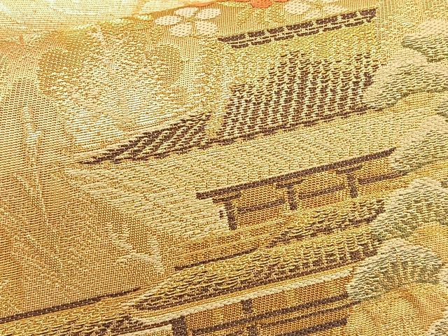 平和屋着物◎六通柄袋帯 流水風景花文 金糸 正絹 逸品 BAAT2748ea