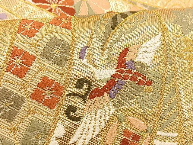 平和屋着物◎六通柄袋帯 唐織 束ね熨斗花鳥文 金糸 正絹 逸品 BAAT2796ea