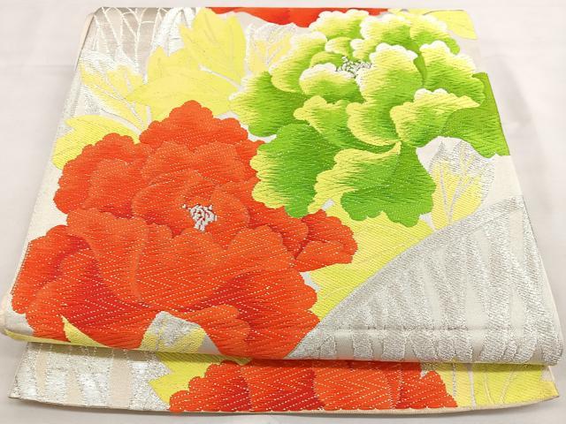 平和屋着物◎六通柄袋帯 唐織 牡丹 銀糸 正絹 逸品 BAAT2822mz