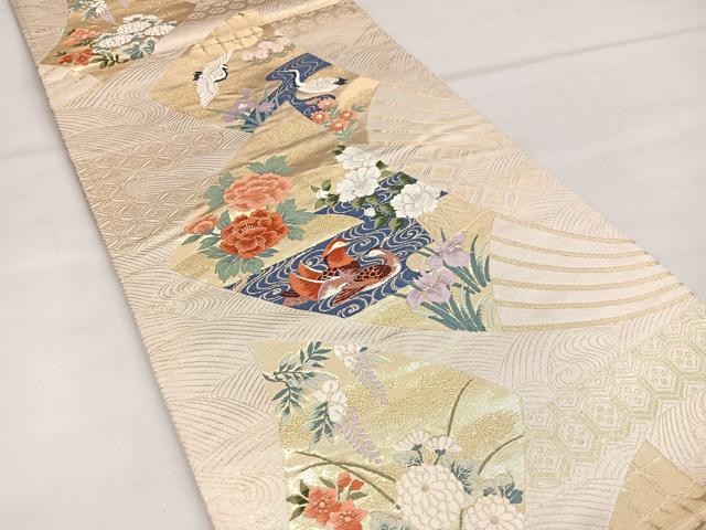 平和屋着物◎六通柄袋帯 唐織 扇面花鳥文 金糸 正絹 逸品 BAAT2831mz