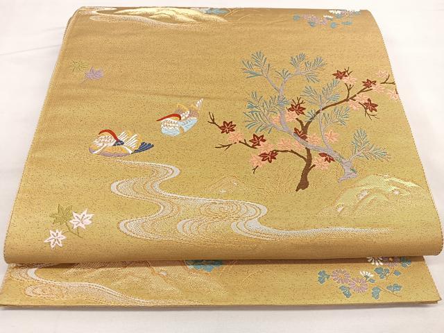 平和屋着物◎六通柄袋帯 唐織 流水花鳥文 金糸 正絹 逸品 BAAT2837mz