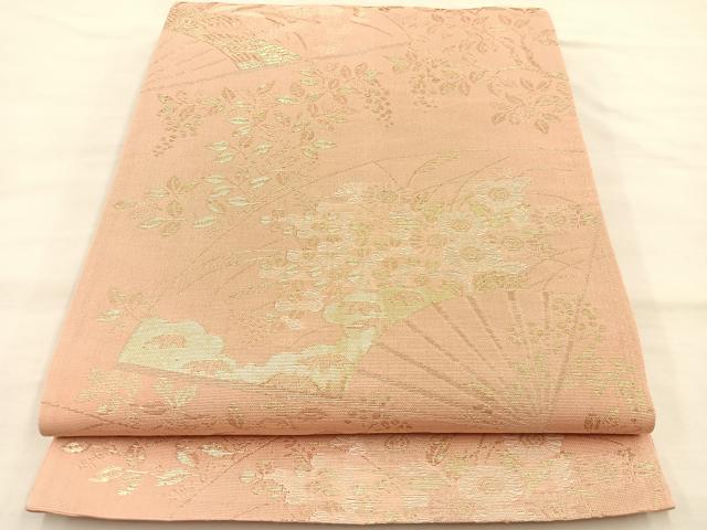 平和屋着物*夏物 六通柄袋帯 扇面花文 金糸 正絹 逸品 BAAT3007hv
