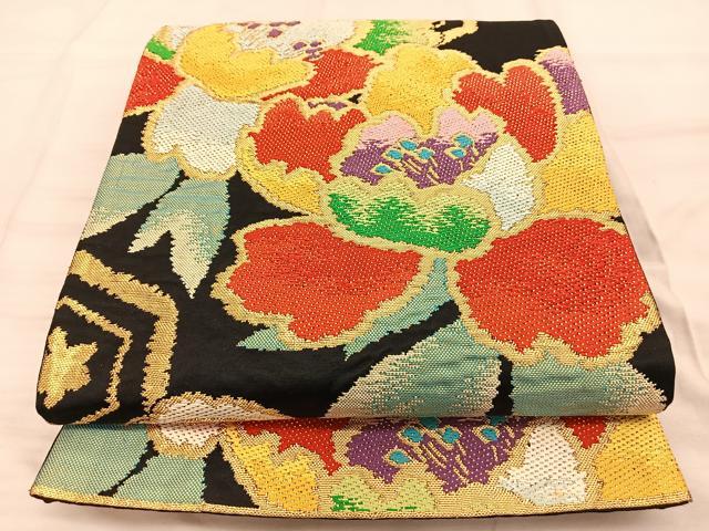 平和屋着物◎六通柄袋帯 唐織 亀甲花文 黒地 金糸 正絹 逸品 BAAT3208du
