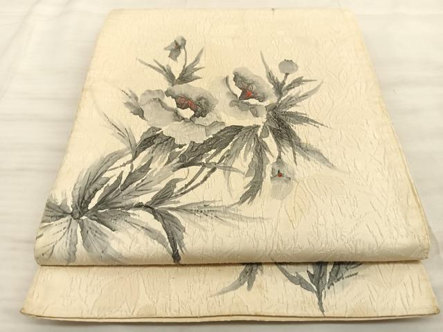平和屋着物◎六通柄袋帯 作家物:清峰 手描き 草花文 ふくれ織り 正絹 逸品 BAAT3210du