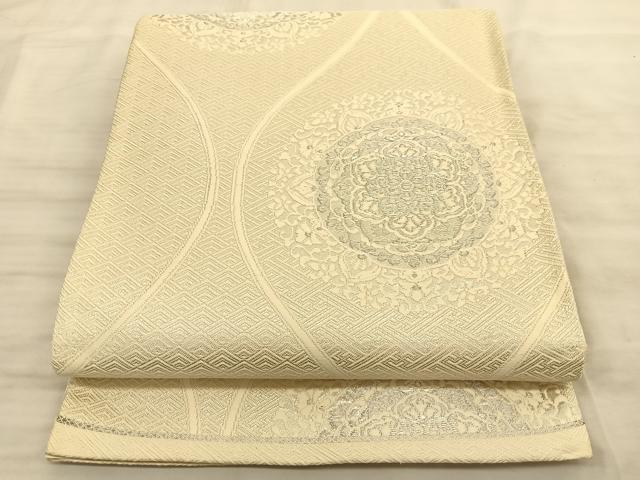平和屋着物◎六通柄袋帯 唐織 縦枠正倉院花文 銀糸 正絹 逸品 BAAT3242du