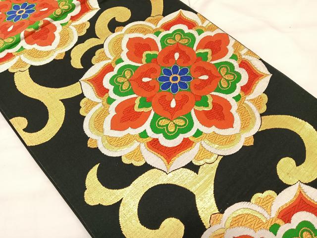平和屋着物◎六通柄袋帯 唐織 花唐草文 黒地 金糸 正絹 逸品 BAAT3417ui