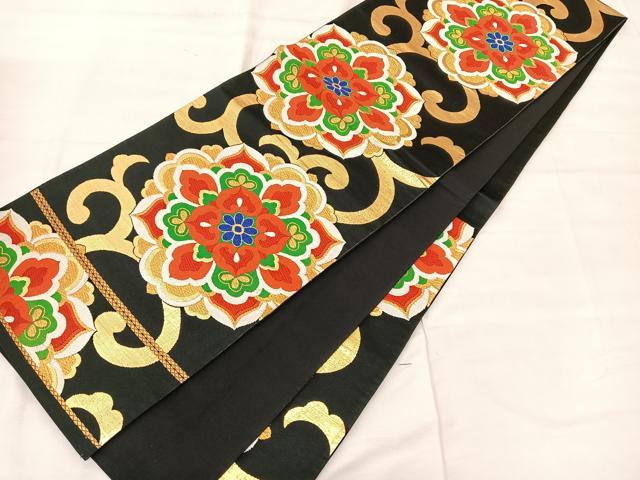 平和屋着物◎六通柄袋帯 唐織 花唐草文 黒地 金糸 正絹 逸品 BAAT3417ui