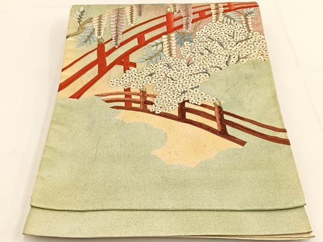 平和屋着物◎太鼓柄袋帯 総刺繍 藤花房風景 金糸 引箔 正絹 逸品 BAAT3519ui