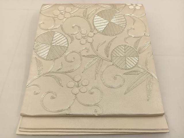 平和屋着物◎太鼓柄袋帯 総駒刺繍 花唐草文 銀糸 正絹 逸品
