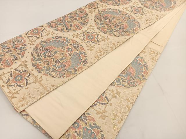 平和屋着物◎六通柄袋帯 唐織 向かい孔雀花文 金糸 正絹 逸品 BAAT3601ui