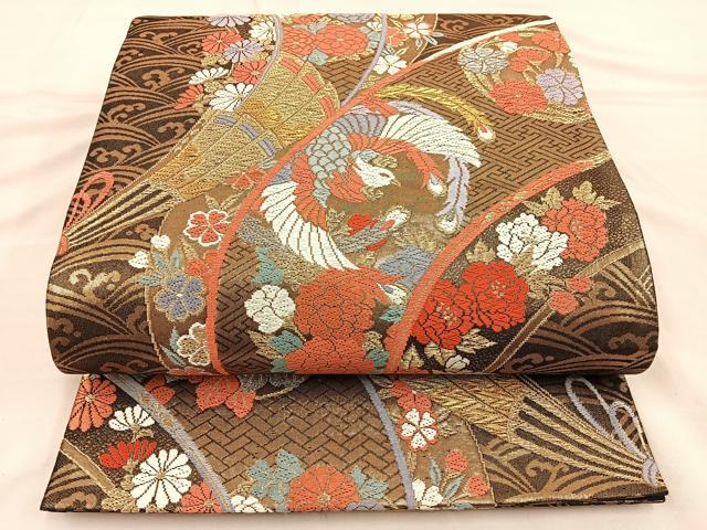平和屋着物◎六通柄袋帯 唐織 鳳凰花文 黒字 金糸 正絹 逸品 BAAT3851xa