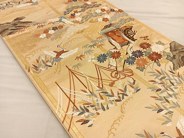 平和屋着物◎六通柄袋帯 唐織 松鶴御車文様 金糸 正絹 逸品 BAAT3852xa