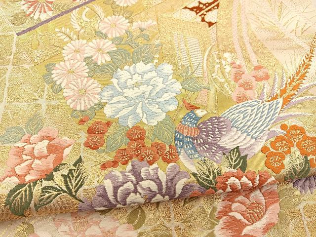 平和屋着物◎六通柄袋帯 唐織 花鳥文 金糸 正絹 逸品 BAAT3921xa