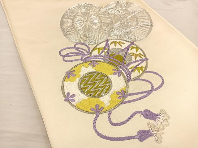 平和屋着物◎太鼓柄袋帯 総刺繍 花鼓文 金銀糸 正絹 逸品 BAAT3970xa