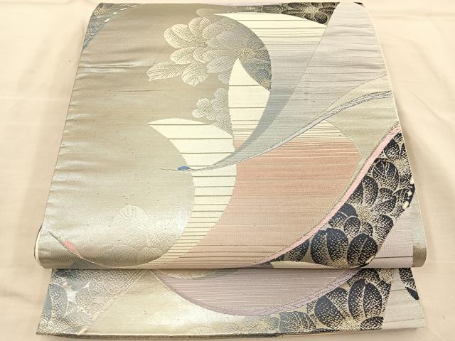 平和屋着物◎六通柄袋帯 唐織 飛鶴花文 銀糸 正絹 逸品 BAAT3988xa