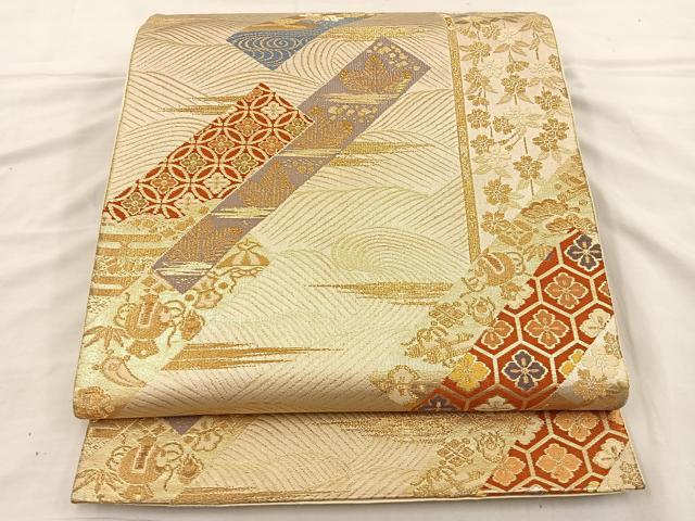 平和屋着物◎六通柄袋帯 唐織 短冊花文 金糸 正絹 逸品 BAAT3991xa