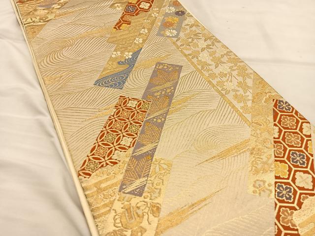 平和屋着物◎六通柄袋帯 唐織 短冊花文 金糸 正絹 逸品 BAAT3991xa