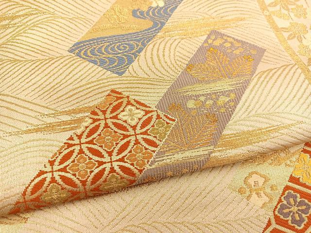 平和屋着物◎六通柄袋帯 唐織 短冊花文 金糸 正絹 逸品 BAAT3991xa