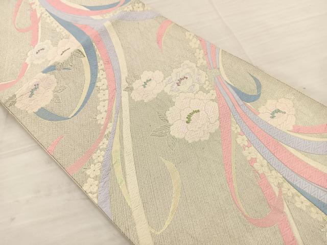平和屋着物◎六通柄袋帯 唐織 草花文 銀糸 正絹 逸品 BAAT4707kg