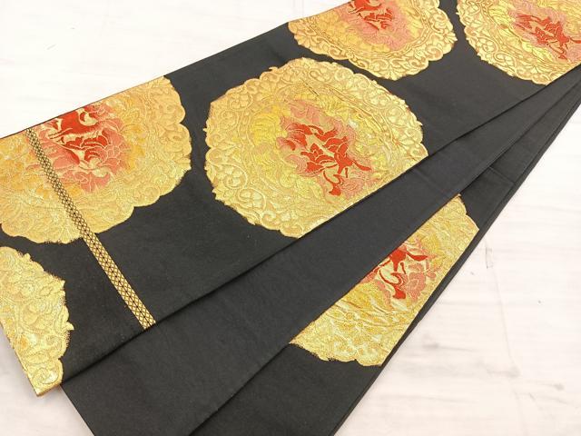 平和屋着物◎六通柄袋帯 狩猟文 黒地 金糸 正絹 逸品 BAAT4778kg