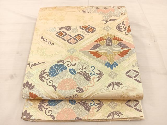 平和屋着物◎六通柄袋帯 唐織 双鶴花文 金銀糸 正絹 逸品 BAAT4795kg