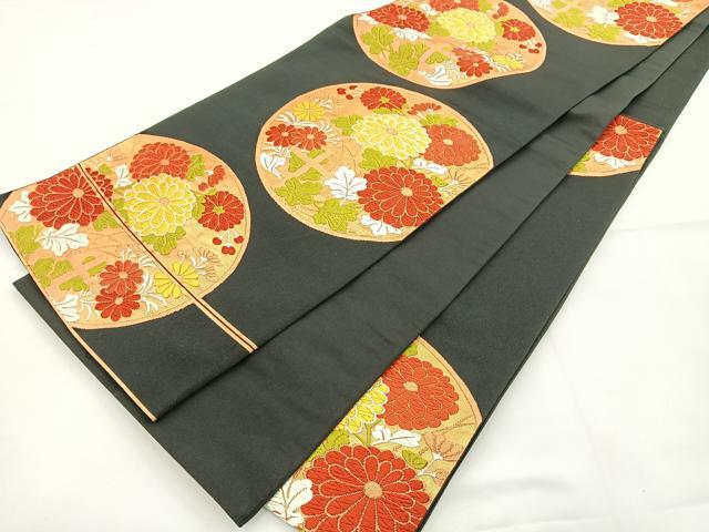 平和屋着物◎六通柄袋帯 唐織 花丸文 黒地 金糸 正絹 逸品 BAAT5007jr